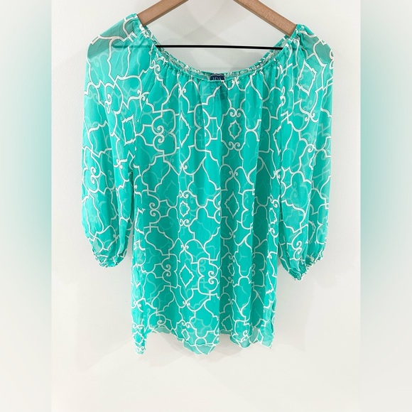 Melly M 3/4 Sleeve Sheer Silk Blouse Blue Size Small - Picture 3 of 5